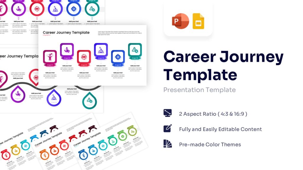 Career journey slide with a winding road timeline showing six stages with icons and text placeholders for PowerPoint.