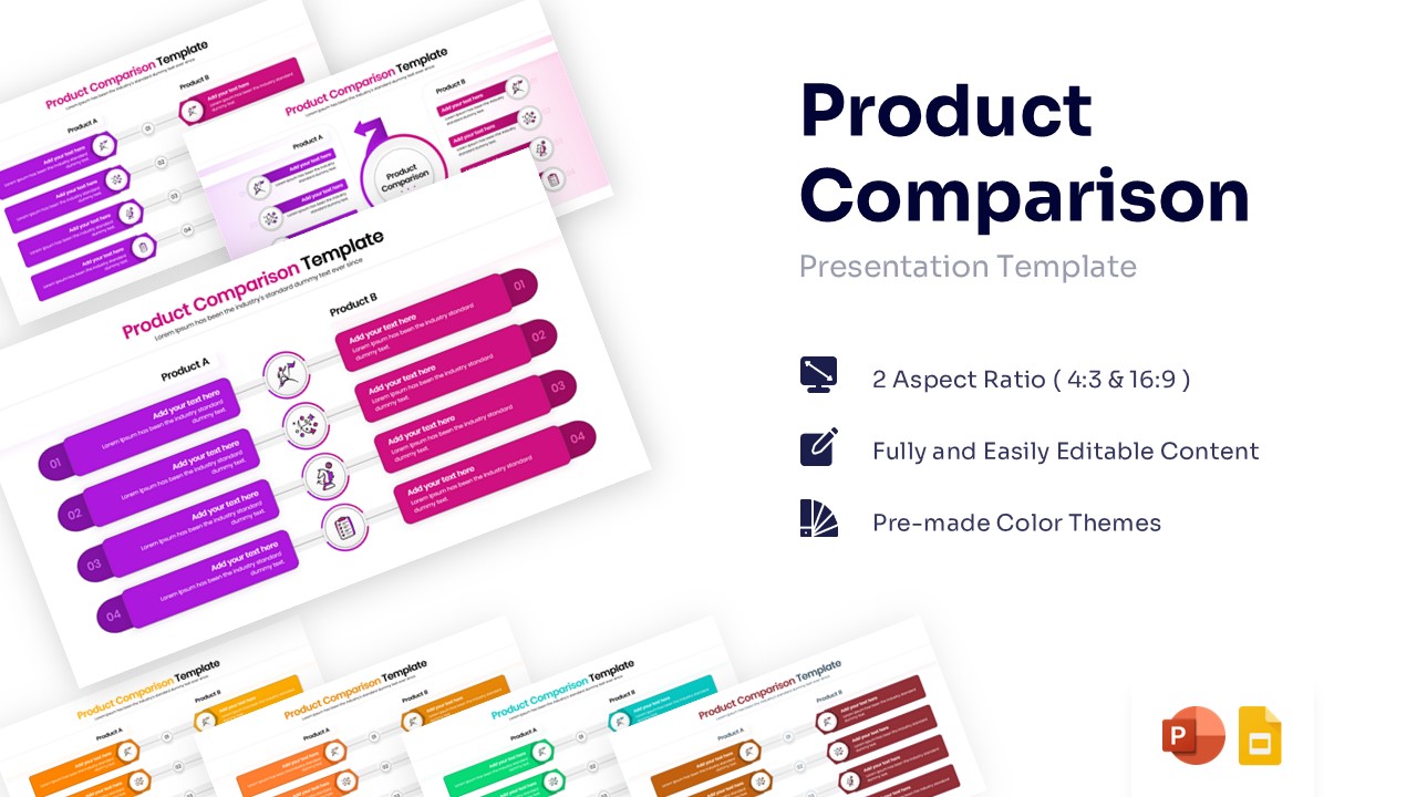Product comparison infographic template comparing Product A and Product B with four steps.