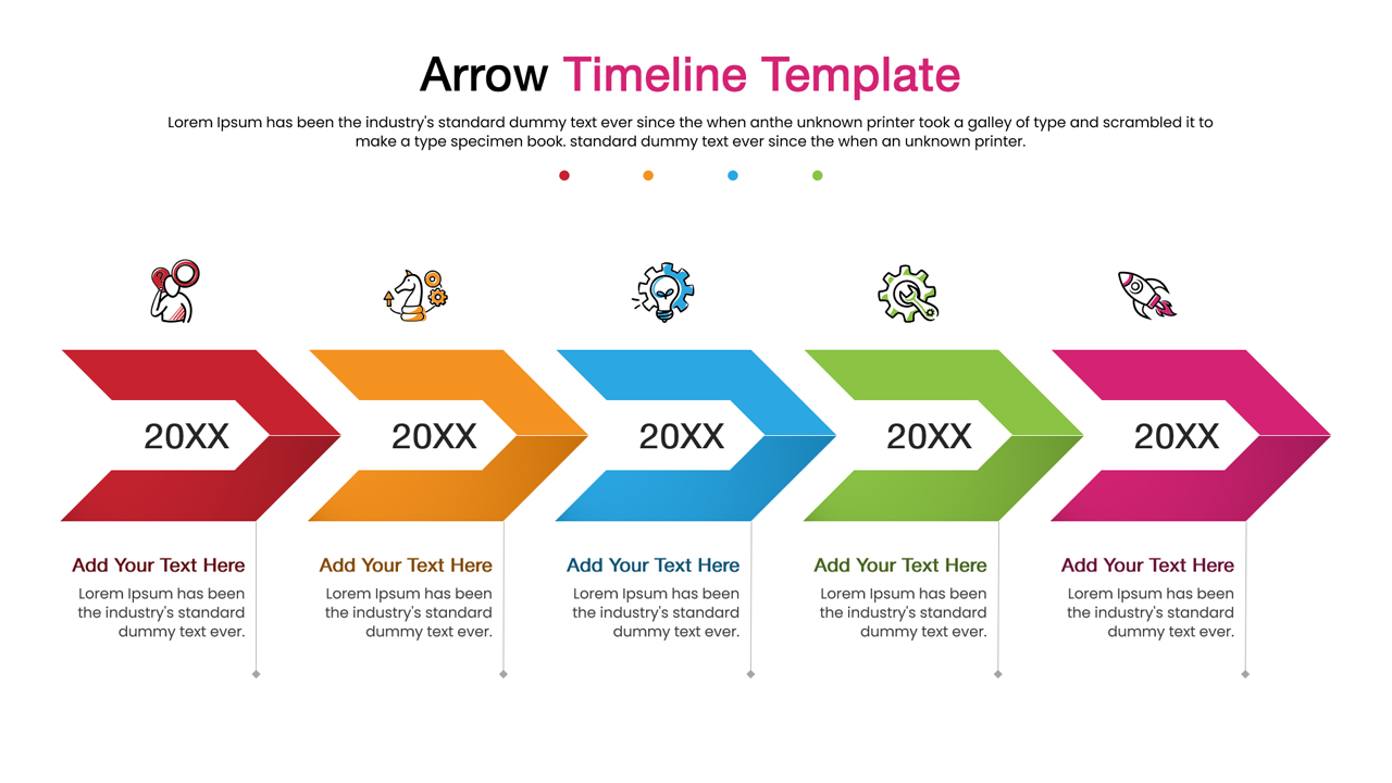 Chevron arrow timeline slide template showing sequential milestones in different colors.