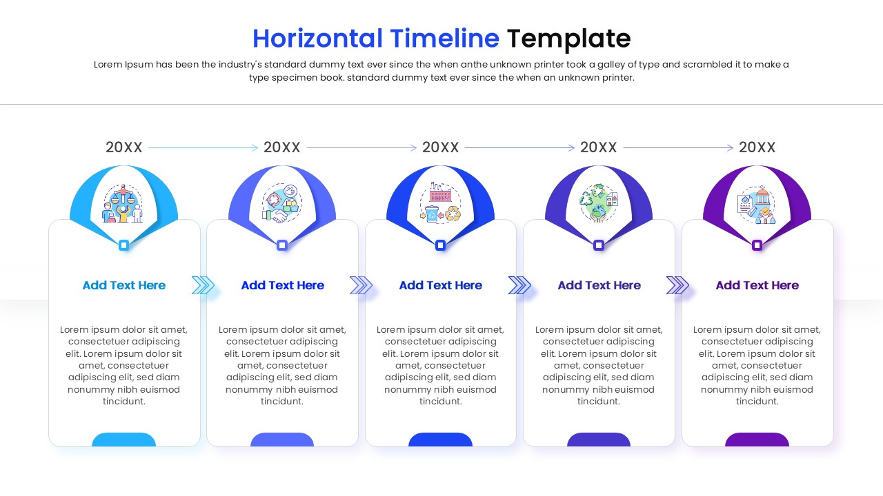 Linear process roadmap diagram showing a step-by-step progression with icons and text placeholders for business presentations.