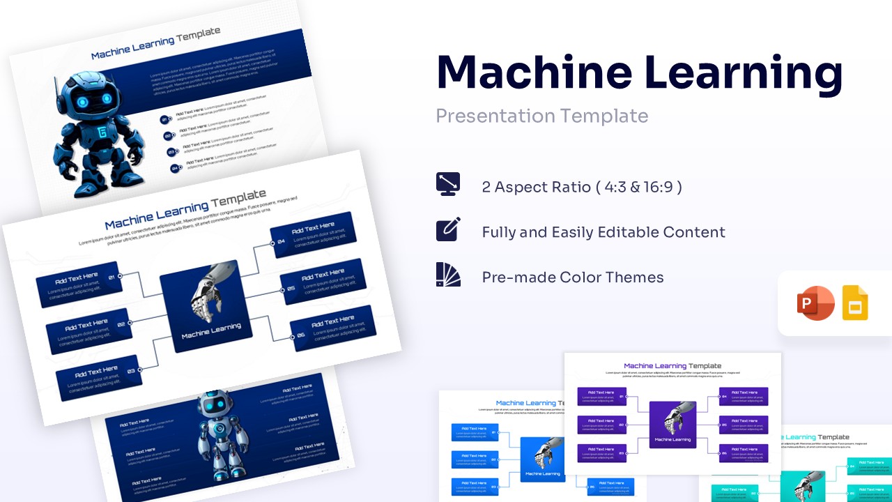 Machine learning presentation slides with 3D robot illustrations and dark blue background.