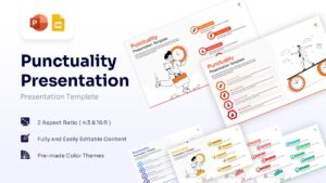 Punctuality presentation cover slide featuring a cartoon man holding a large clock
