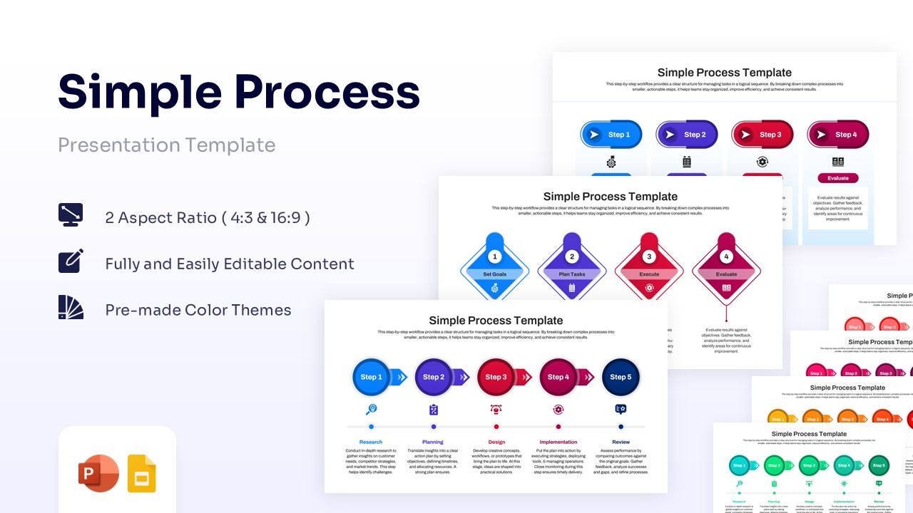 Simple process infographic slide set showing various step-by-step workflow diagrams for presentations.