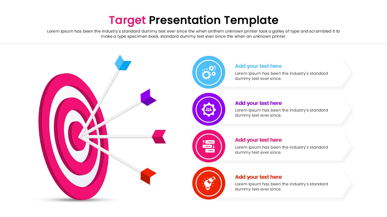 Three colored target icons arranged in a row with text placeholders for process steps