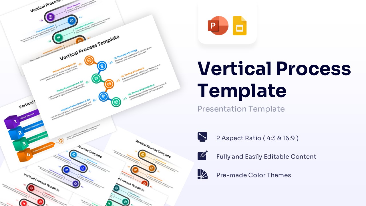 Vertical process infographic showing a four-step workflow with colorful icons and text placeholders on a white background