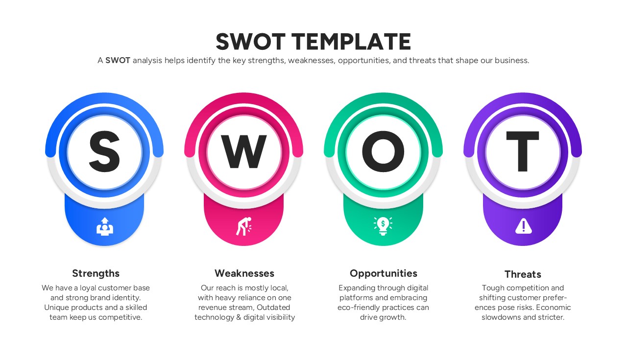Marketing SWOT analysis slide with four colored cards (blue, purple, green, orange) showing strengths, weaknesses, opportunities, and threats icons.
