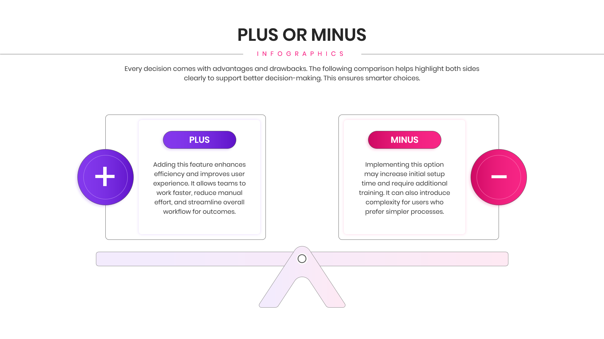 Pros and cons comparison layout featuring a balance scale illustration