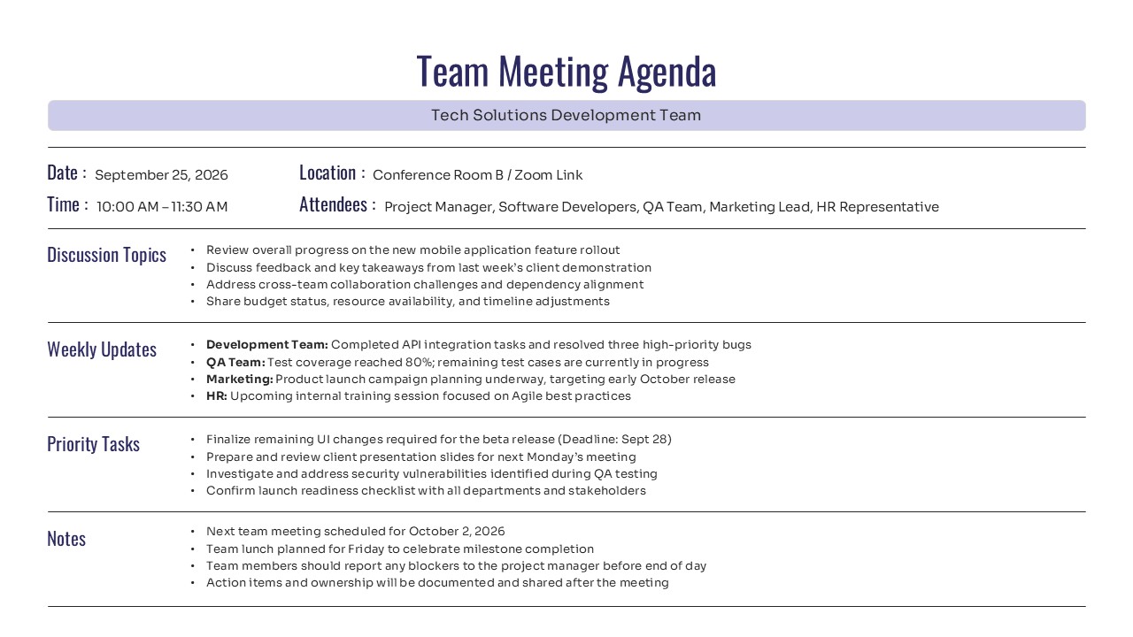 Detailed meeting summary slide with designated boxes for notes, action items, and meeting evaluation
