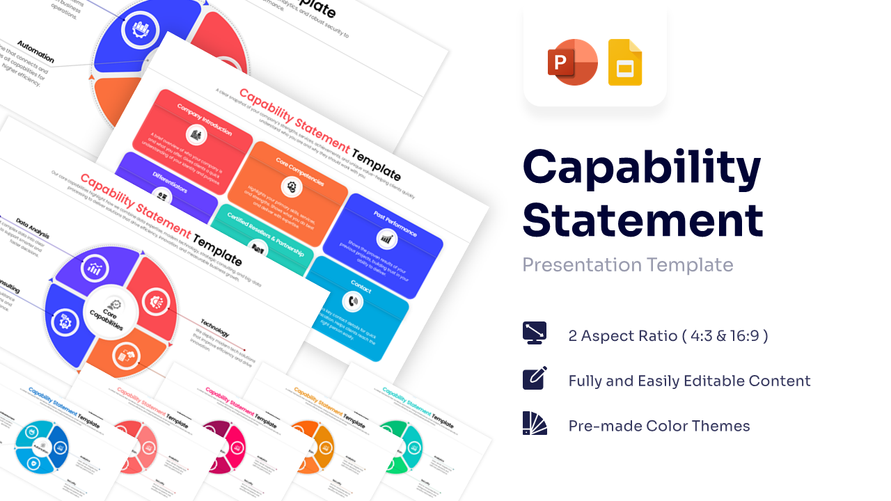 Corporate capability statement collage showing multiple slide variations and layout options