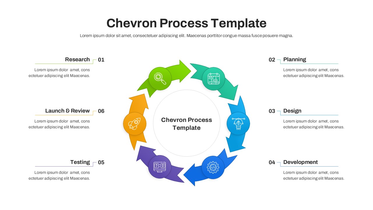 Circular chevron diagram with six stages and icons for a continuous process presentation