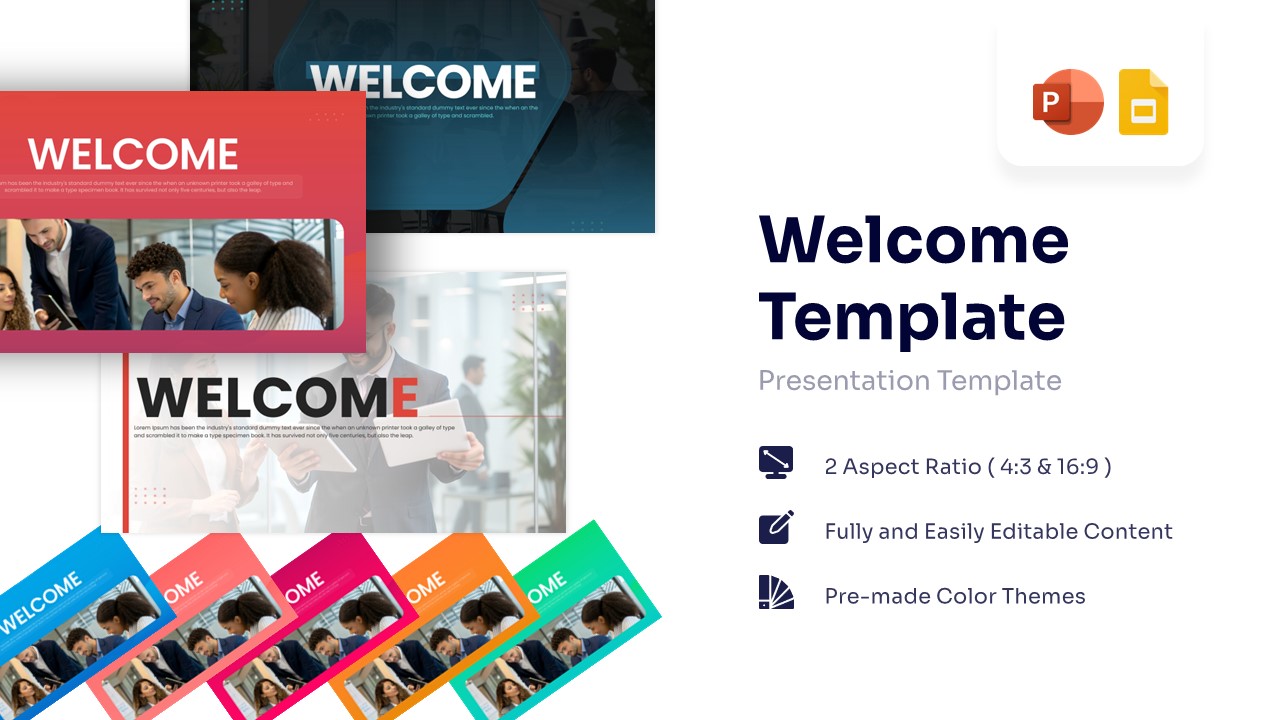 Collection of welcome slide templates for PowerPoint featuring red and blue corporate designs
