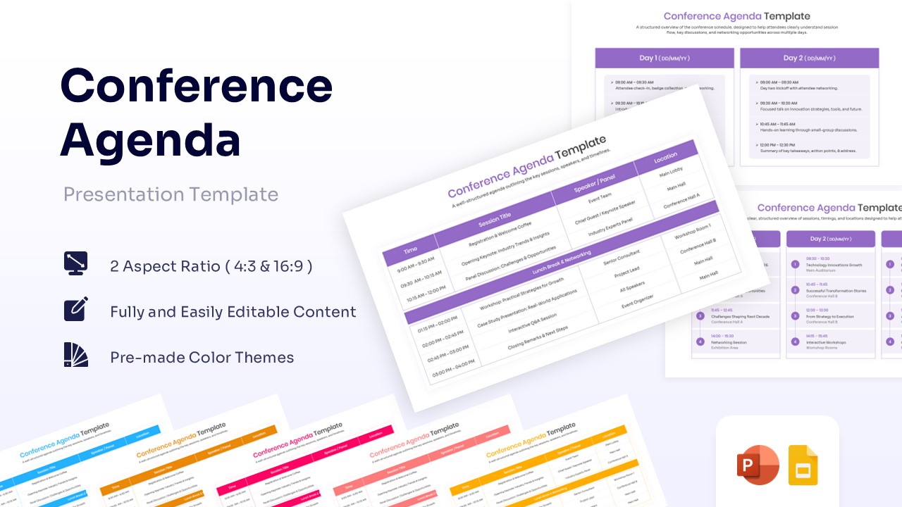 Conference agenda presentation template featuring a detailed table with session times, titles, and speakers in a purple theme