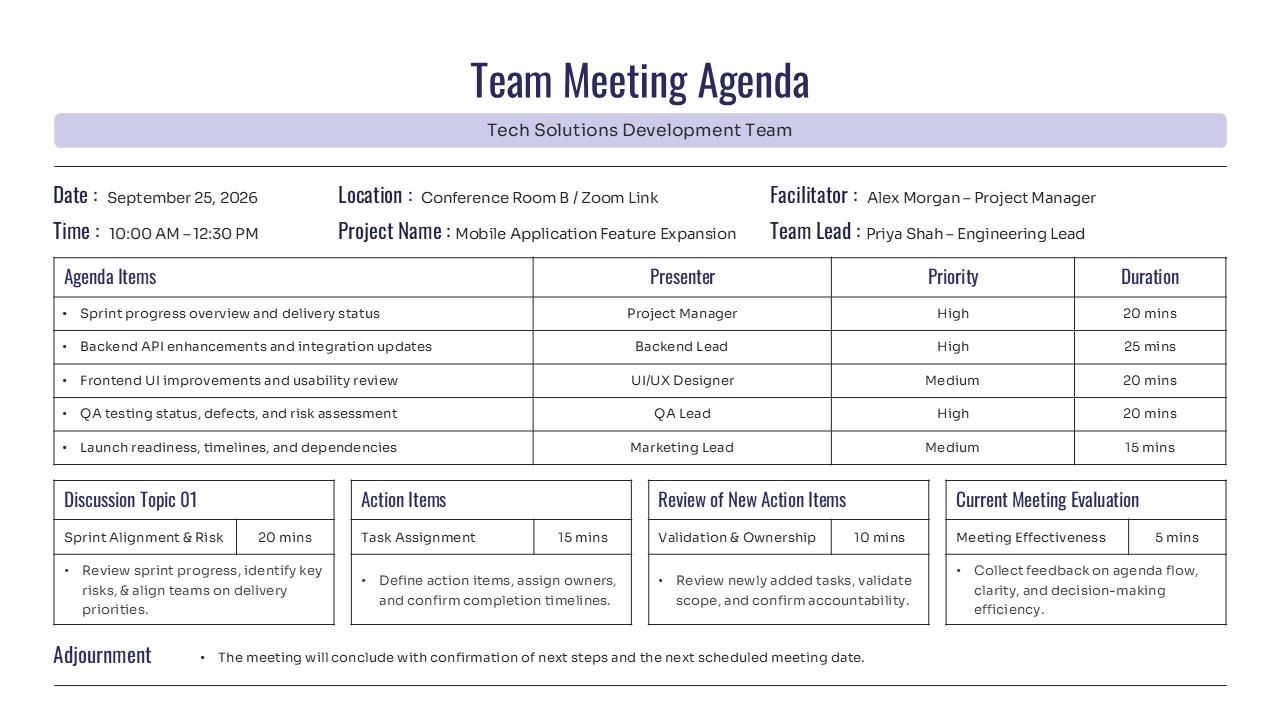 Project meeting agenda slide featuring a sidebar for attendees and a main section for detailed agenda items