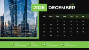December 2026 calendar slide with a green color theme and a cityscape image next to the monthly dates.