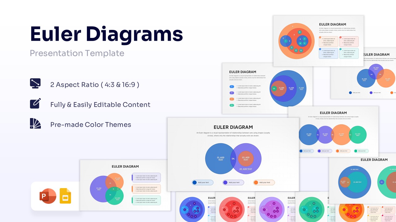 Collection of colorful Euler diagram slides showing various circle relationships and layouts