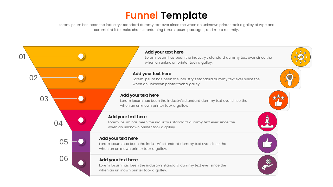 Marketing conversion funnel slide featuring orange and purple layers