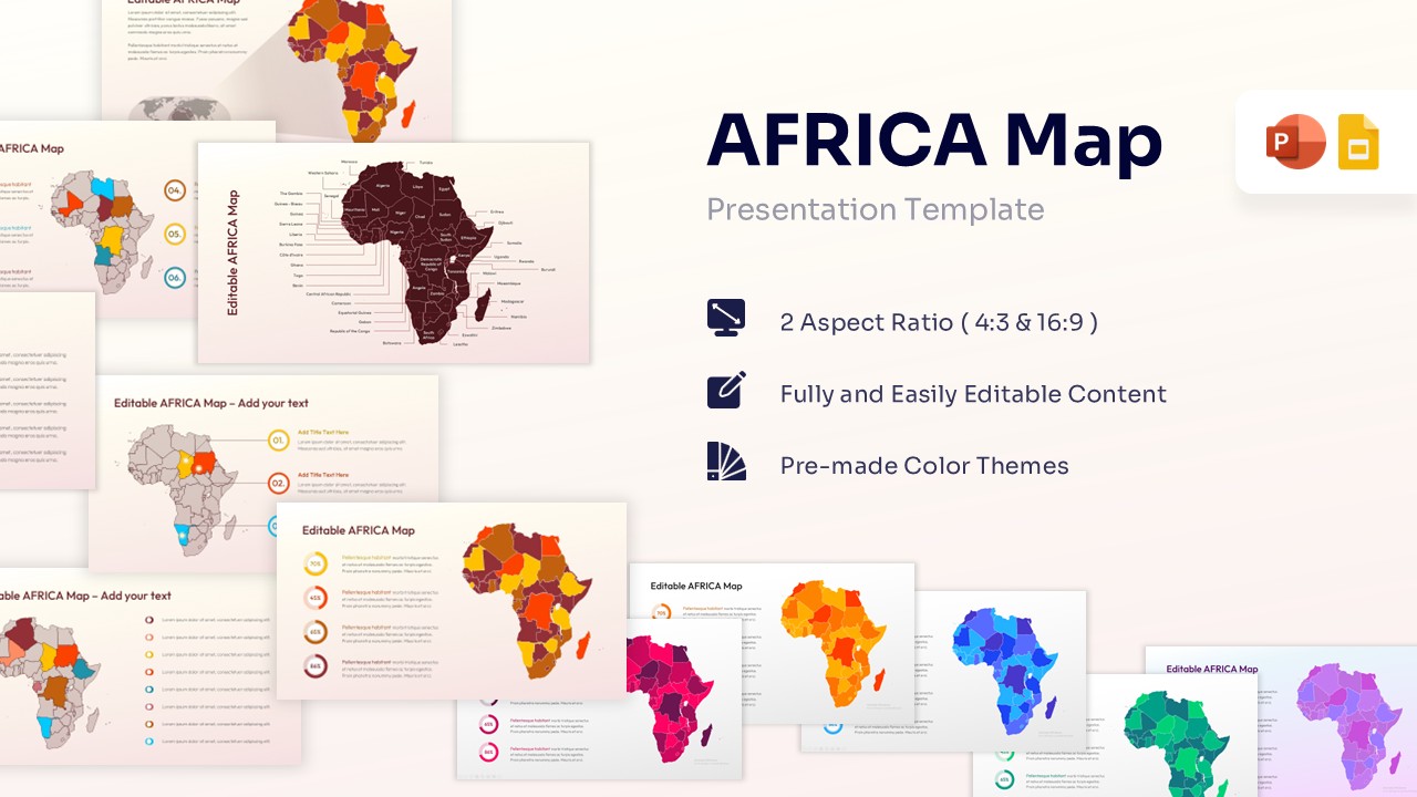 Featured image of an Africa map presentation template showing multiple slide layouts with editable country borders and pins