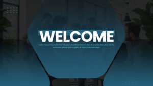 Modern blue geometric title slide template with a large image placeholder for company branding