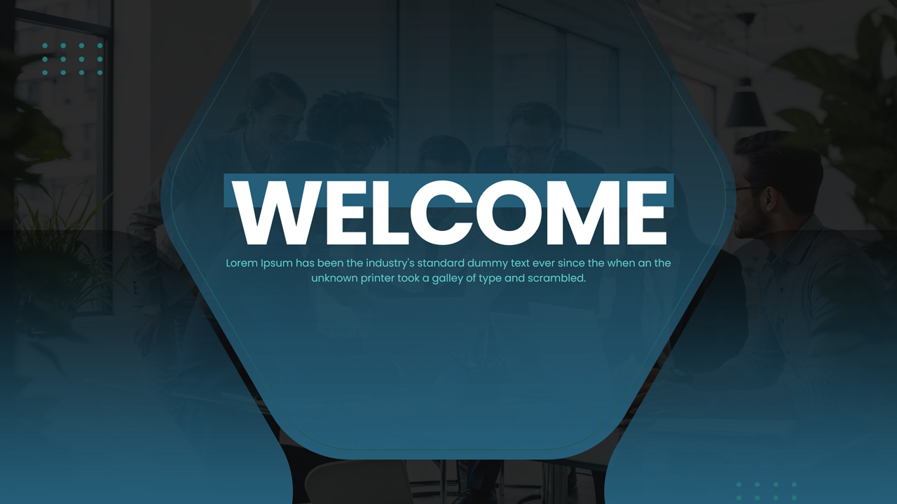 Modern blue geometric title slide template with a large image placeholder for company branding