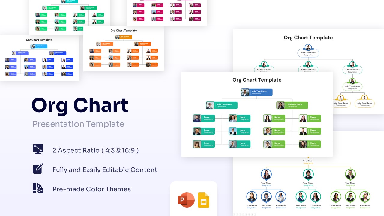 Organizational chart diagram with circular photo placeholders and tree structure