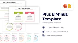 Plus and minus presentation template showing green and red comparison icons