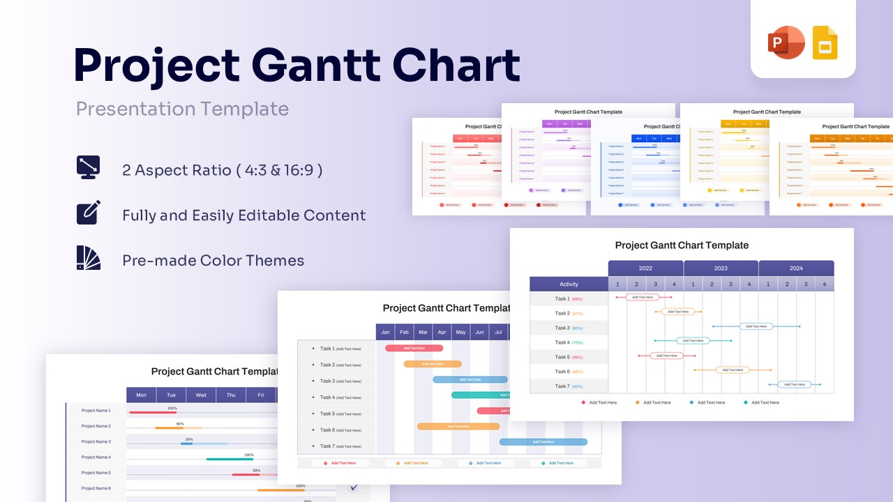 Project Gantt Chart presentation template highlighting weekly and monthly timeline views