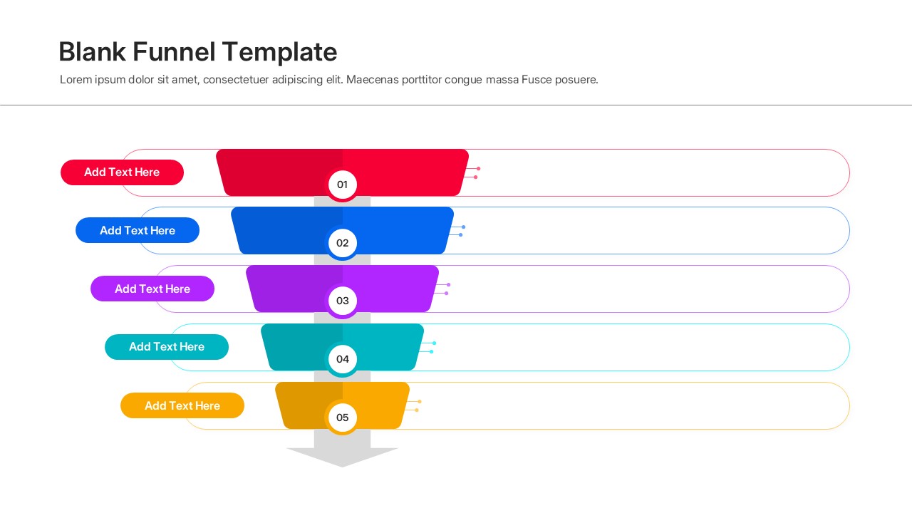 Marketing funnel template with red, blue, purple, cyan, and yellow levels