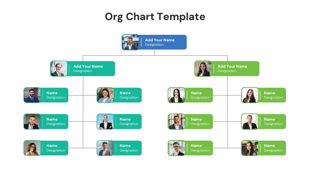 Corporate team hierarchy slide showing top management and subordinates