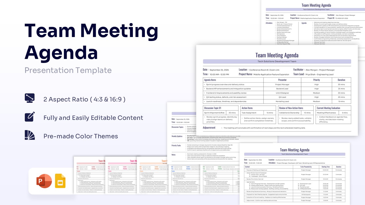 Business meeting agenda presentation template collage showing four different layout styles including lists and tables