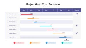 Weekly Gantt chart slide with colored progress bars and status checkmarks