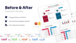 Before and after presentation slide template showing red and blue comparison boxes with icons
