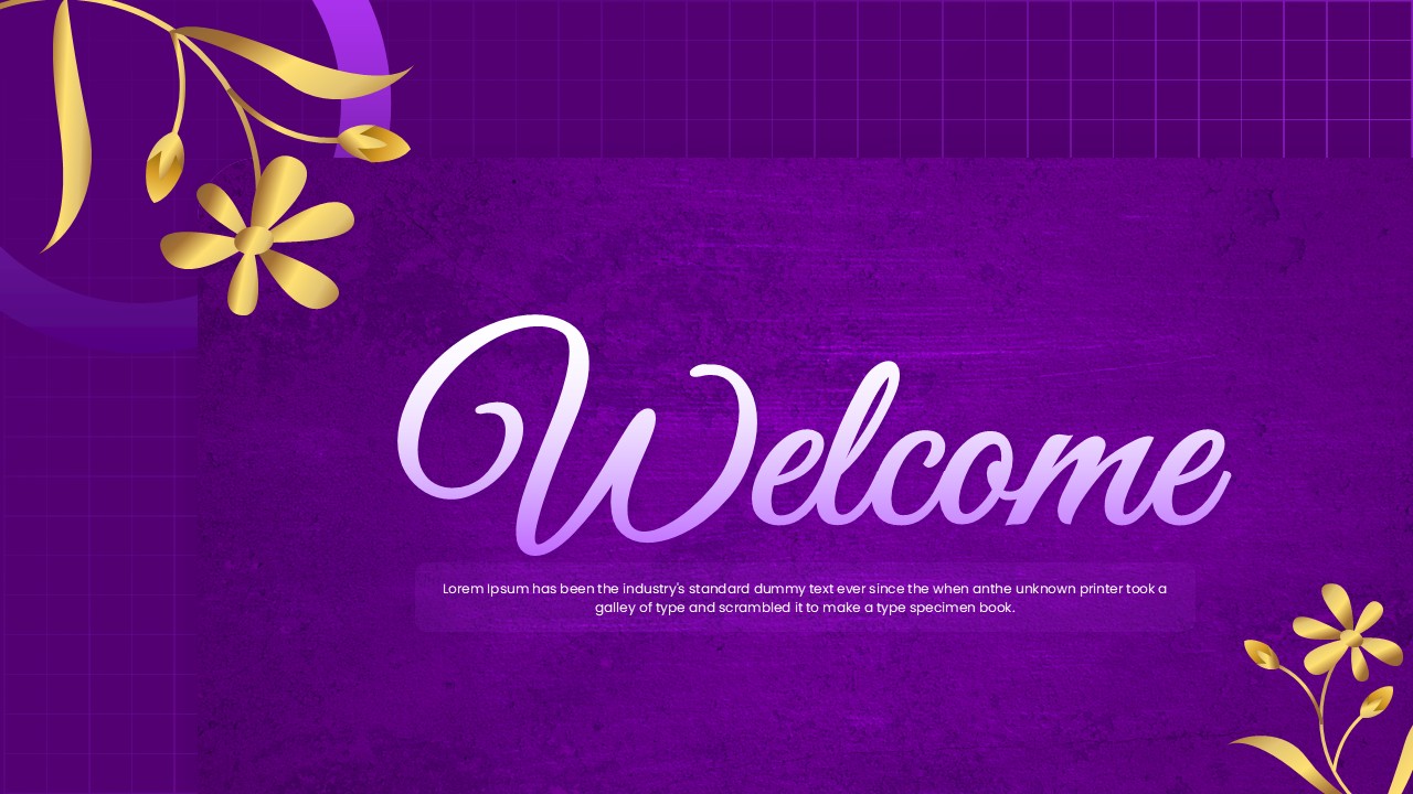Purple aesthetic welcome slide with gold floral elements and white text