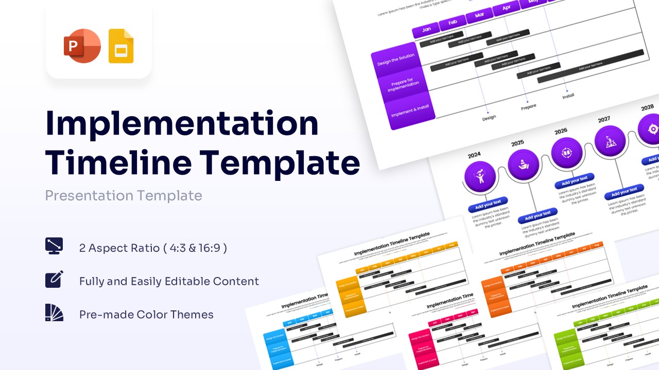 Implementation timeline presentation template cover with Gantt chart examples.