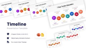 Linear timeline infographic slide with colorful circular nodes for project planning