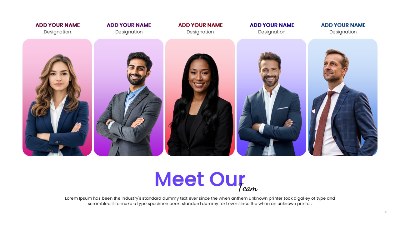 Employee profile slide design featuring diverse team members