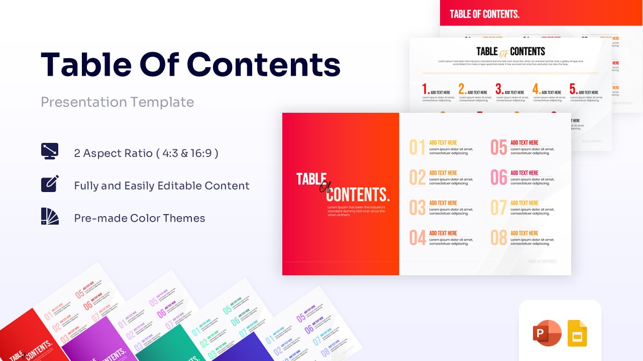 Table of Contents presentation template cover with red theme and slide previews