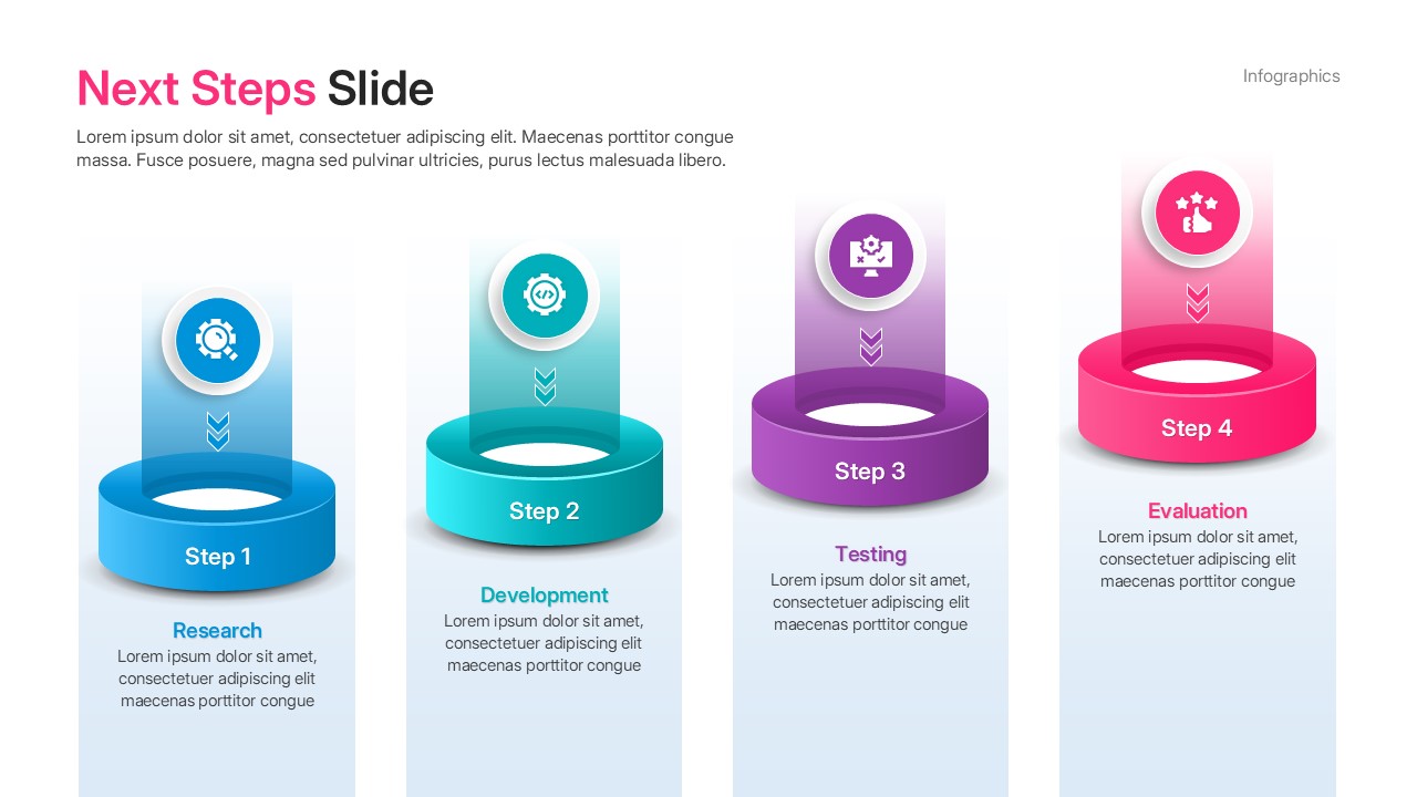 Next steps slide featuring four 3D cylinders in blue, green, purple, and pink for project phase visualization