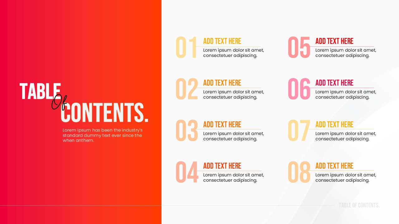 Split layout table of contents slide with red sidebar and numbered list
