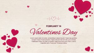 Set of romantic slides with deep red gradients and scattered pink hearts in multiple layouts