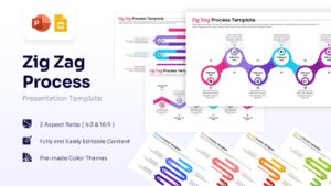 Zig zag process presentation template cover showing multicolor timeline slides and PowerPoint Google Slides icons