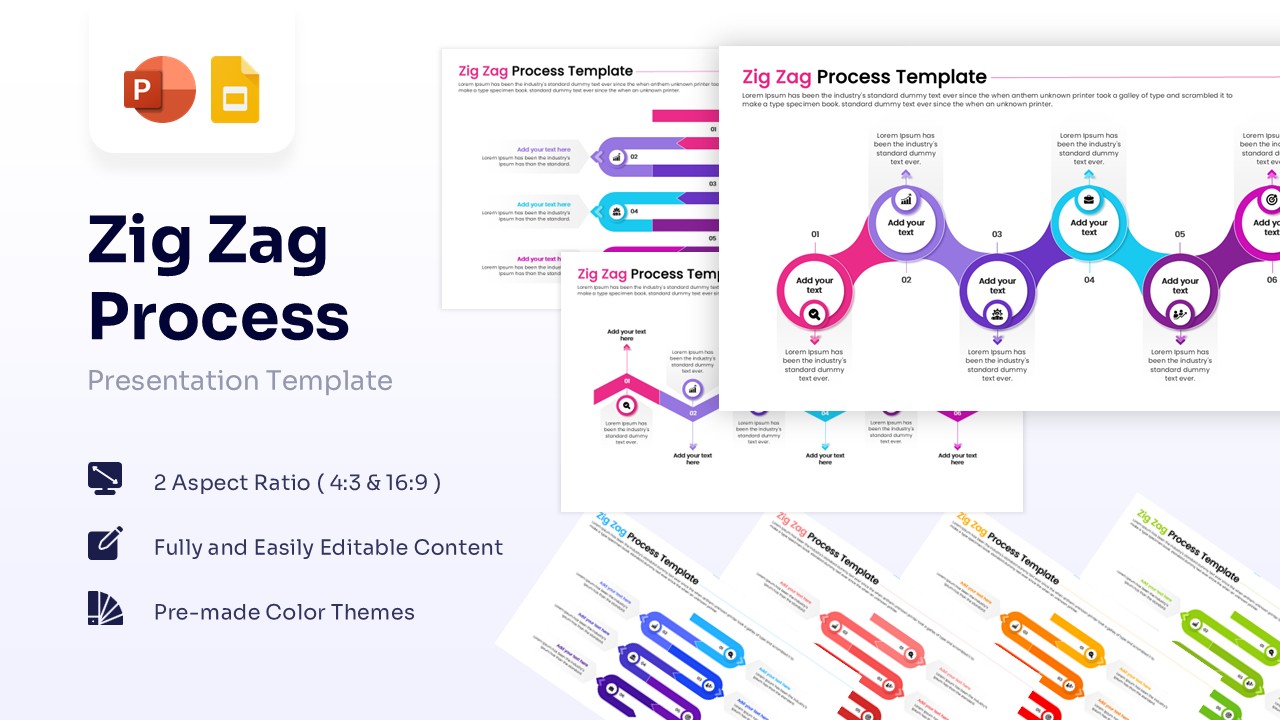 Zig zag process presentation template cover showing multicolor timeline slides and PowerPoint Google Slides icons