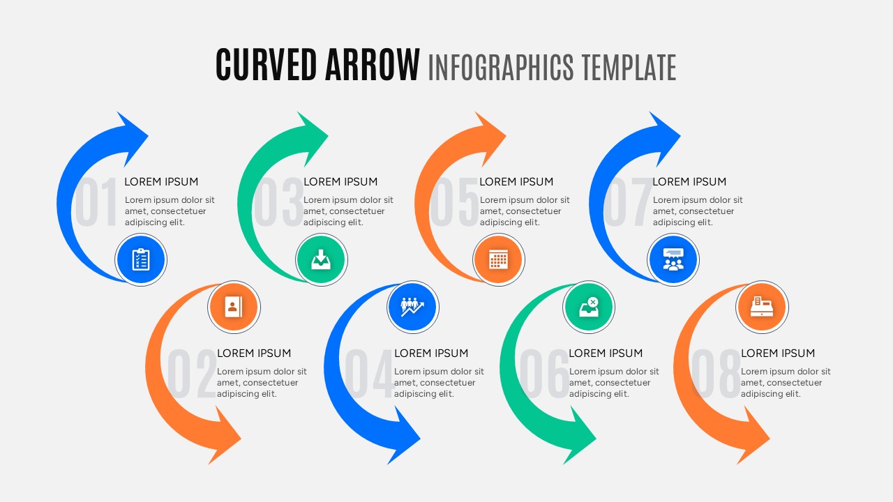 Circular curved arrow infographic with eight segments showing a recurring life cycle or continuous workflow