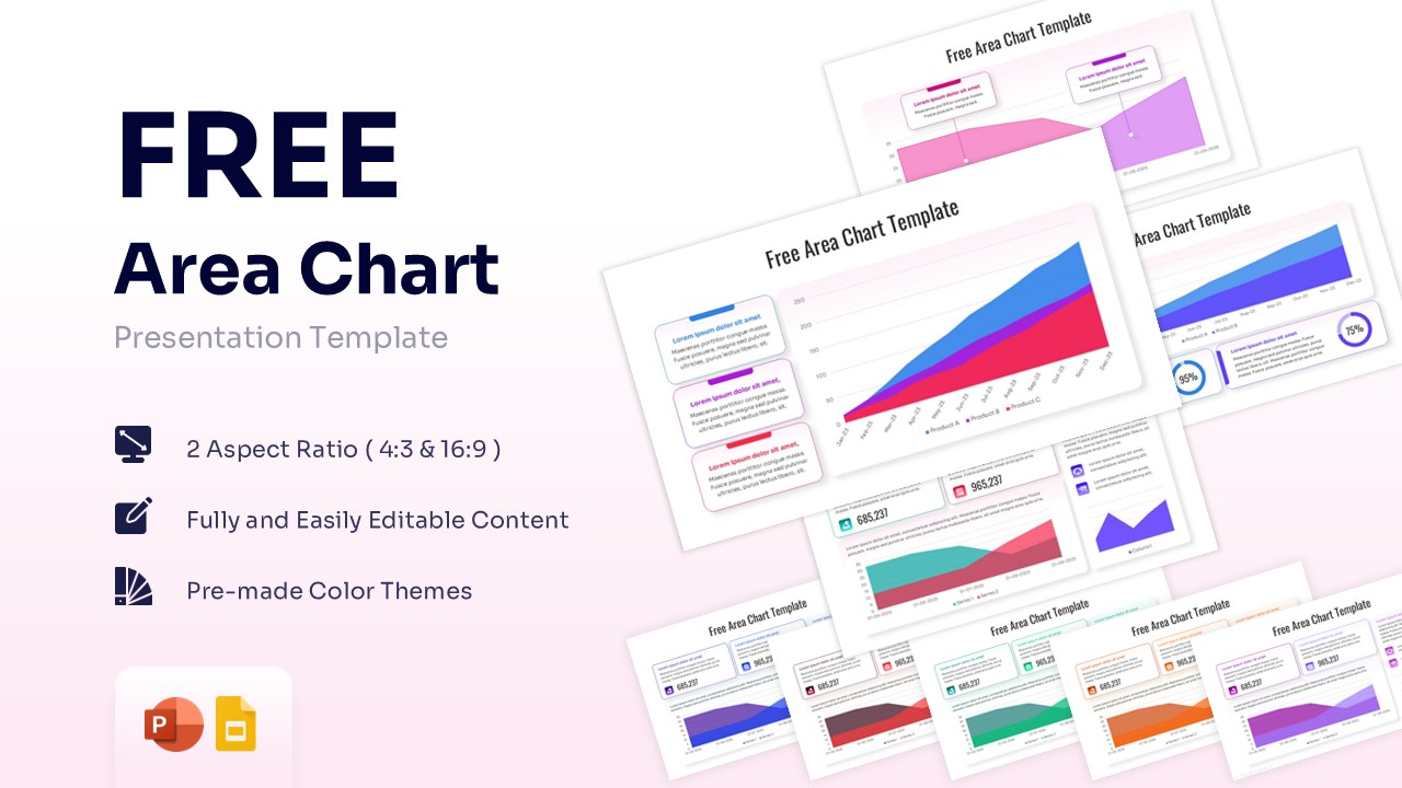 Multi-slide preview of area chart templates featuring various data visualization layouts and color themes