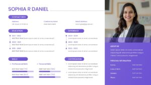 Modern resume presentation slide with purple accents showing education history and skill progress bars