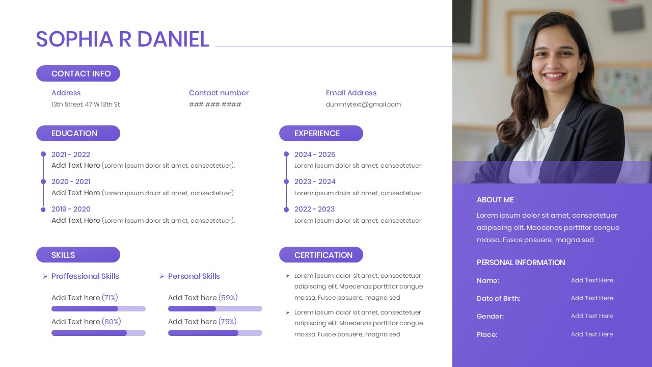 Modern resume presentation slide with purple accents showing education history and skill progress bars