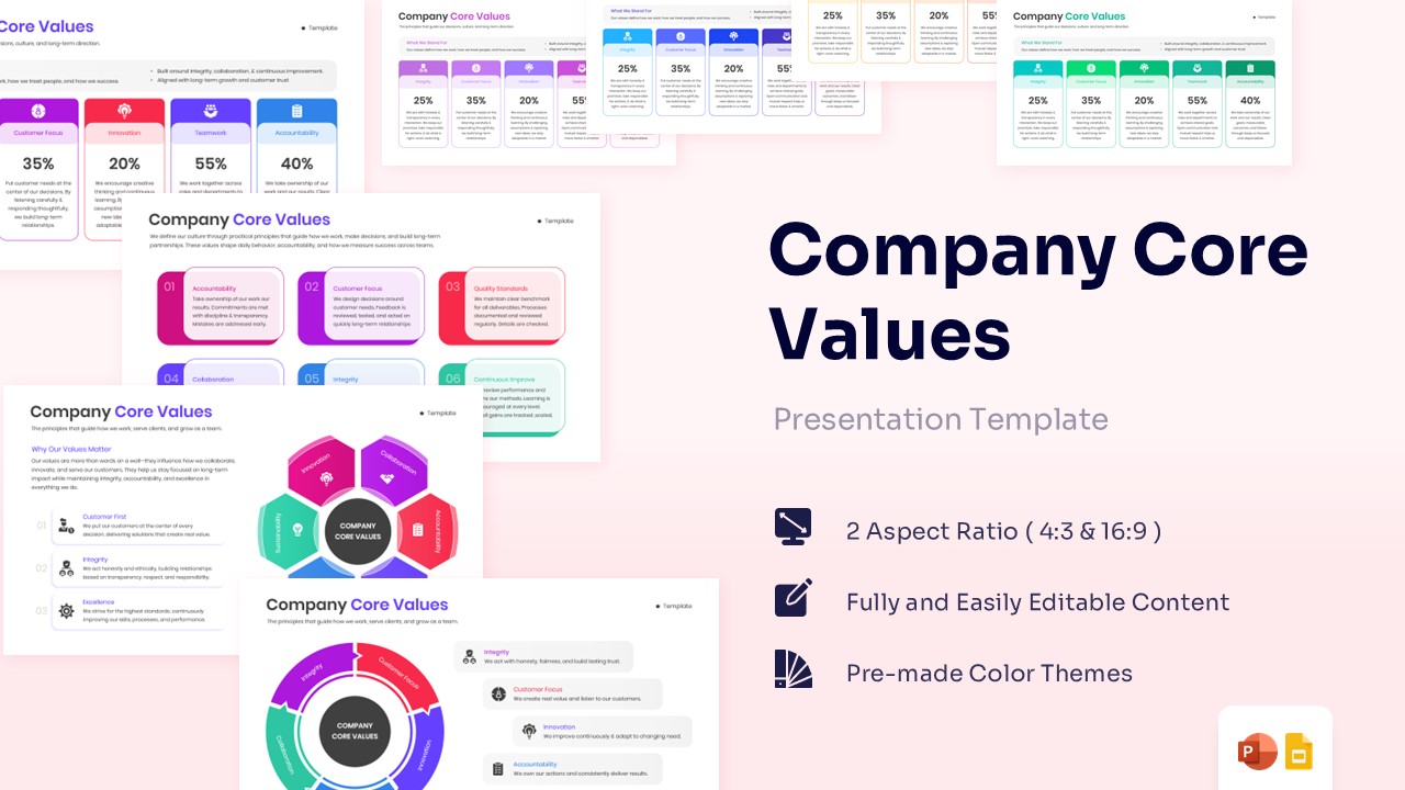 Multi-slide preview of company core values templates showing circular diagrams, list infographics, and color-coded cards