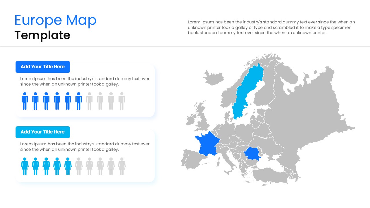 Europe map presentation slide with editable blue country highlights and professional data callout boxes