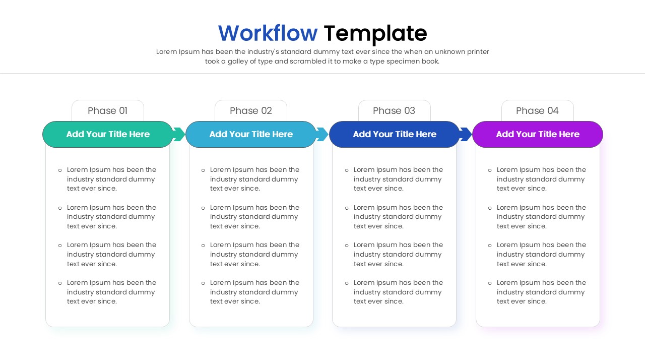 A 4-step horizontal workflow process diagram featuring color-coded boxes for Phase 01 to Phase 04 with detailed bullet points