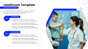 Medical process slide with a doctor-patient interaction photo and blue descriptive text blocks.