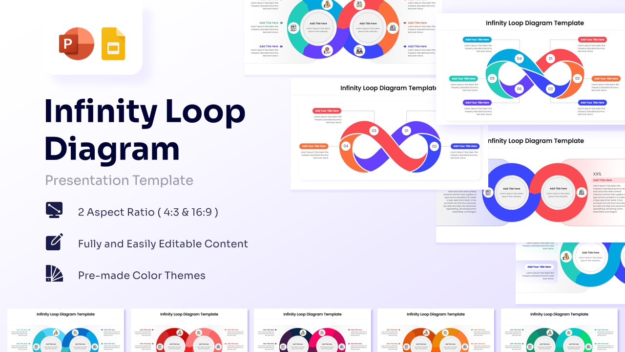 Infinity loop diagram template with six numbered stages and colorful segments for process flow